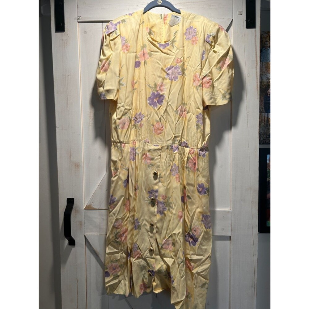 Vintage Studio Pastel Yellow Floral Midi Dress with Button Front Bottom 18W